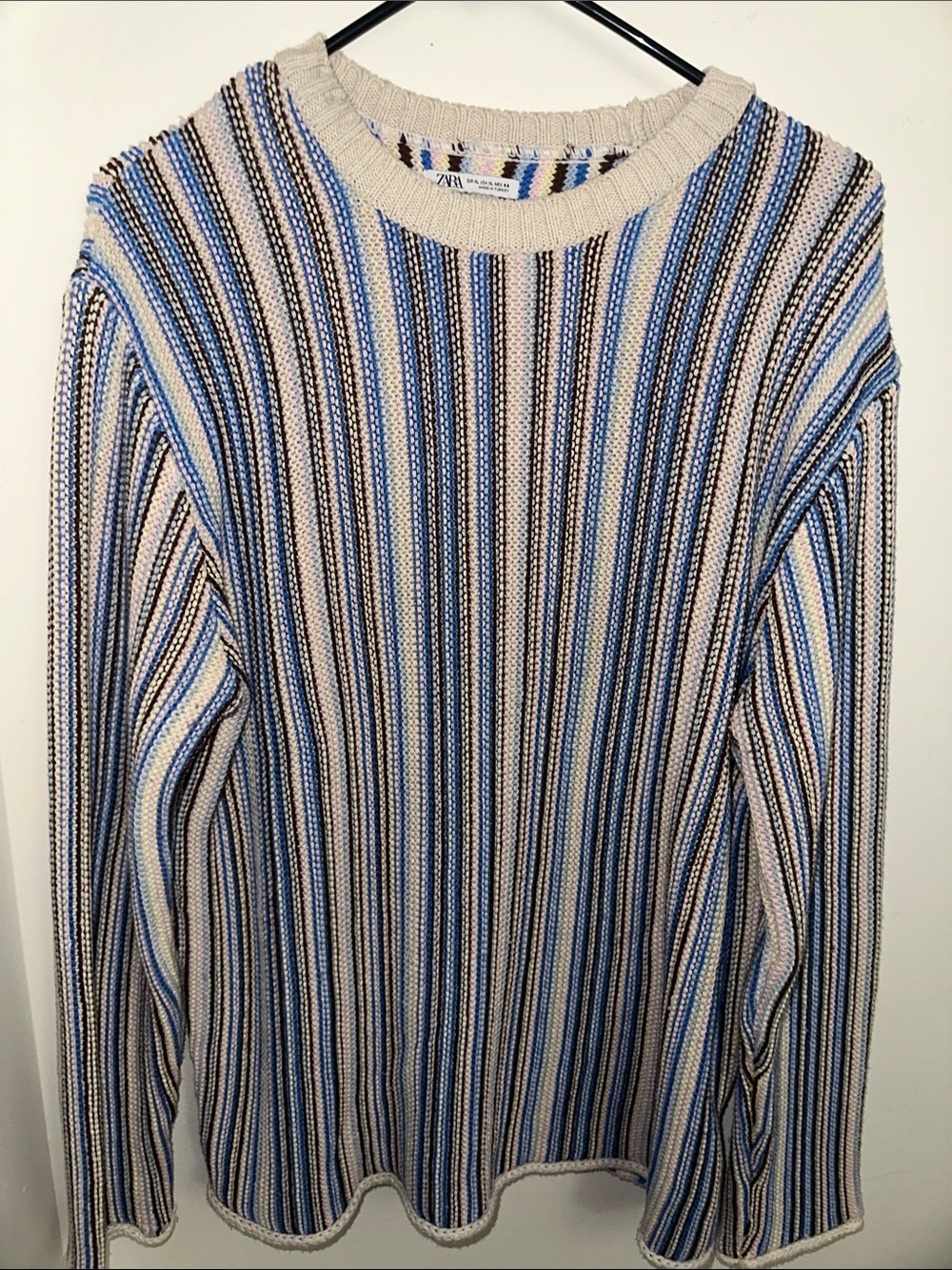 Zara Men’s Striped Crewneck Sweater – Blue, Cream & Brown